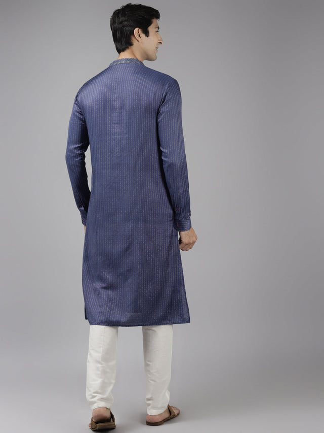 Buy Men's Purple Cotton Woven Thread Work Straight Kurta Online - Back