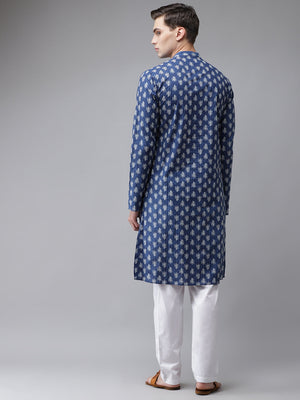 Buy Men's Blue Cotton Printed Kurta Pajama Set Online - Back