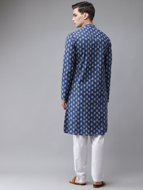 Buy Men's Blue Cotton Printed Kurta Pajama Set Online - Back
