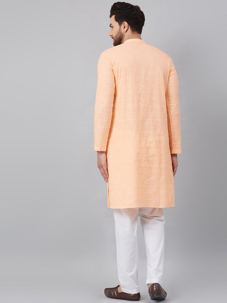 Buy Men's Peach Cotton Chikankari Embroidered Kurta Pajama Set Online - Back