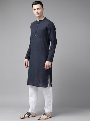 Buy Men's Navy Pure Cotton Printed Kurta Pajama Jacket Set Online - Front