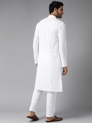 Buy Men's White Pure Cotton Chikankari Embroidered Kurta Pajama Set Online - Side