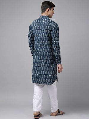 Buy Men's Indigo Pure Cotton Printed Pathani Set Online - Side