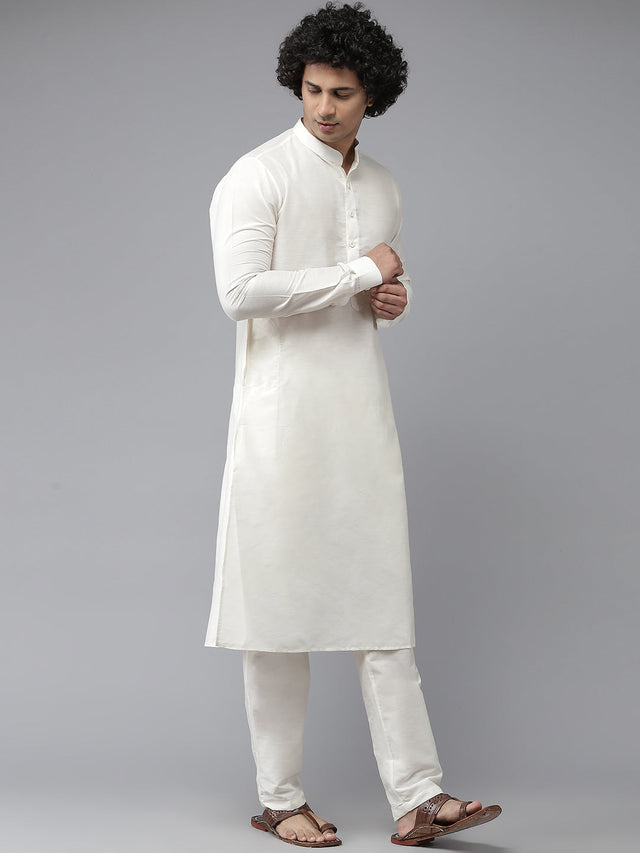 Buy Men's Off-White Silk Jacquard Woven Design Kurta Pajama Jacket Set Online - Back