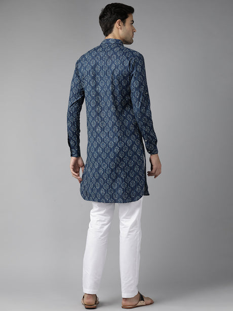 Buy Men's Indigo Pure Cotton Ikat Printed Pathani Set Online - Side