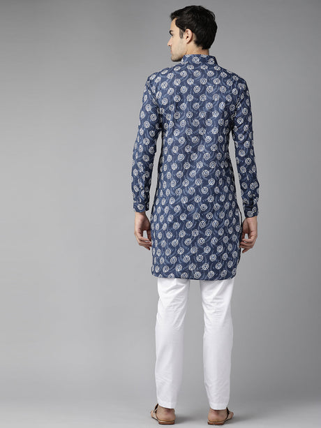 Buy Men's Indigo Pure Cotton Printed Pathani Set Online - Side