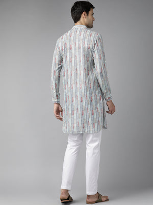 Buy Men's Multi Pure Cotton Chevron Printed Pathani Set Online - Side