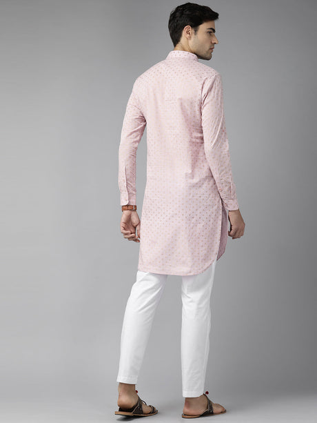 Buy Men's Baby Pink Pure Cotton Printed Pathani Set Online - Side