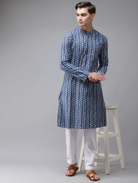 Buy Men's Blue Cotton Printed Kurta Pajama Set Online