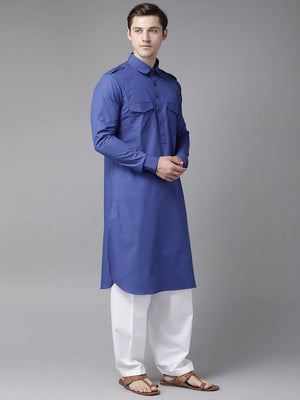 Buy Men's Royal Blue Cotton Solid Pathani Set Online - Back