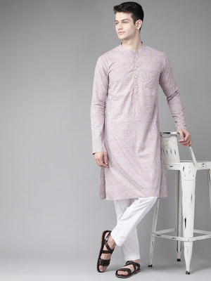 Buy Men's Peach Cotton Geometric Printed Straight Kurta Online