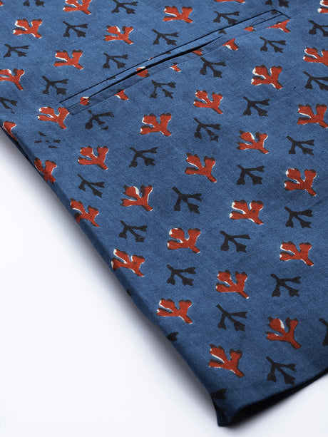 Buy Men's Blue Pure Cotton Printed Nehru Jacket Online - Side