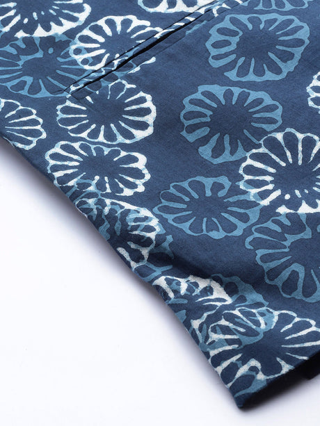 Buy Men's Blue Pure Cotton Printed Nehru Jacket Online - Side