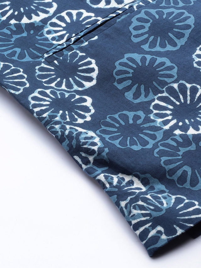 Buy Men's Blue Pure Cotton Printed Nehru Jacket Online - Side