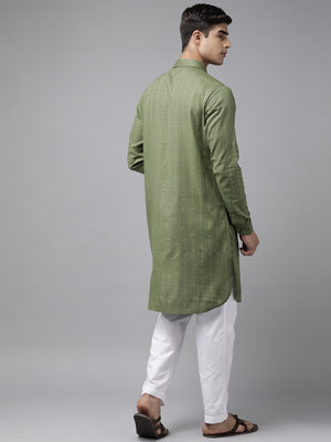Buy Men's Olive Pure Cotton Printed Pathani Set Online - Side