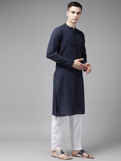 Buy Men's Navy Pure Cotton Printed Kurta Pajama Jacket Set Online - Front