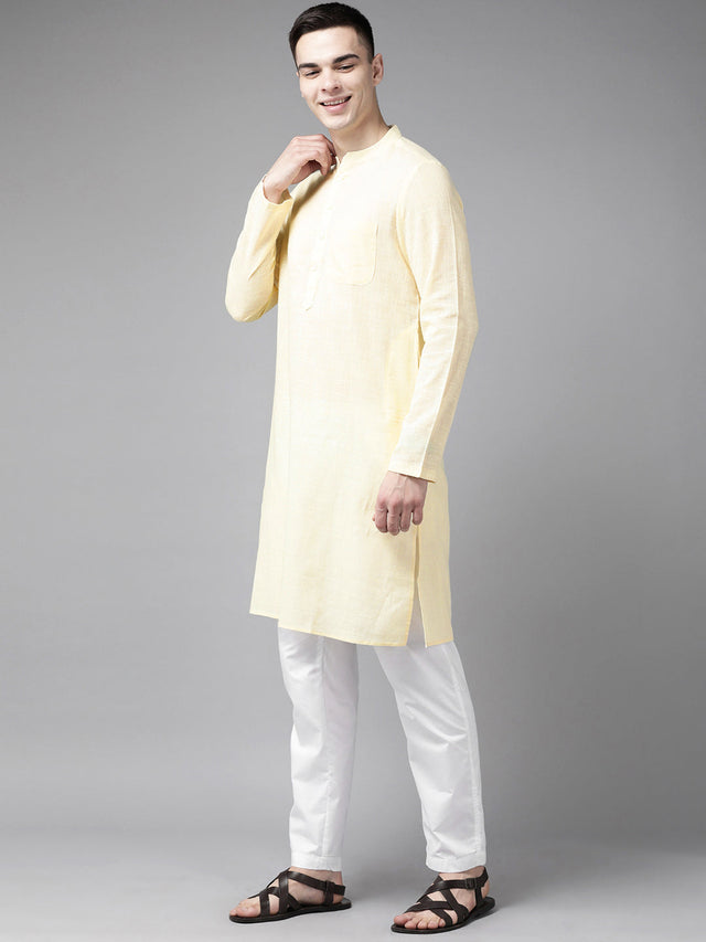 Buy Men's Yellow Pure Cotton Printed Kurta Pajama Jacket Set Online - Front