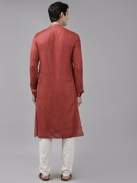 Buy Men's Maroon Cotton Woven Thread Work Straight Kurta Online - Back