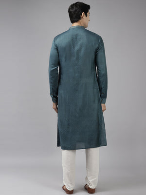Buy Men's Teal Cotton Woven Thread Work Straight Kurta Online - Back