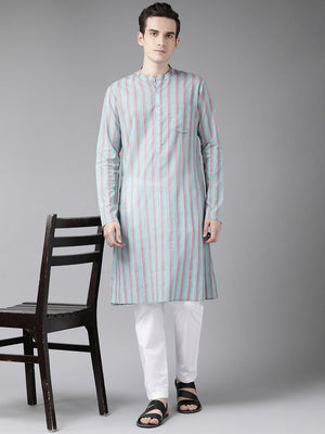 Buy Men's Multi Cotton Stripe Printed Kurta Pajama Set Online