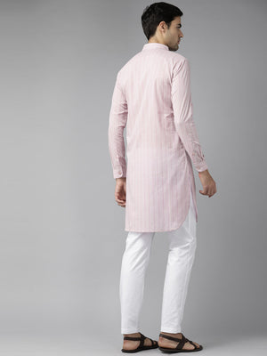 Buy Men's Baby Pink Pure Cotton Striped Printed Pathani Set Online - Zoom In
