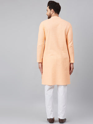 Buy Men's Peach Cotton Chikankari Embroidered Straight Kurta Online - Back