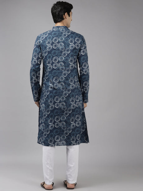 Buy Men's Blue Cotton Printed Kurta Pajama Set Online - Back