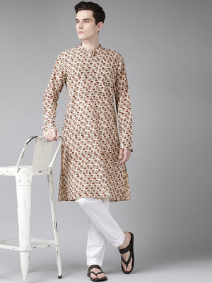 Buy Men's Beige Cotton Printed Kurta Pajama Set Online