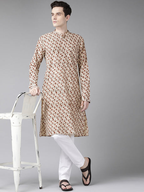 Buy Men's Beige Cotton Printed Kurta Pajama Set Online