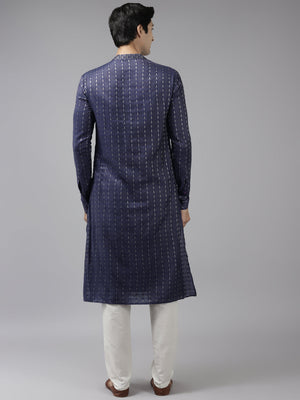 Buy Men's Blue Art Silk Woven Thread Work Kurta Pajama Set Online - Front