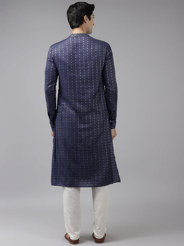 Buy Men's Blue Art Silk Woven Thread Work Kurta Pajama Set Online - Front