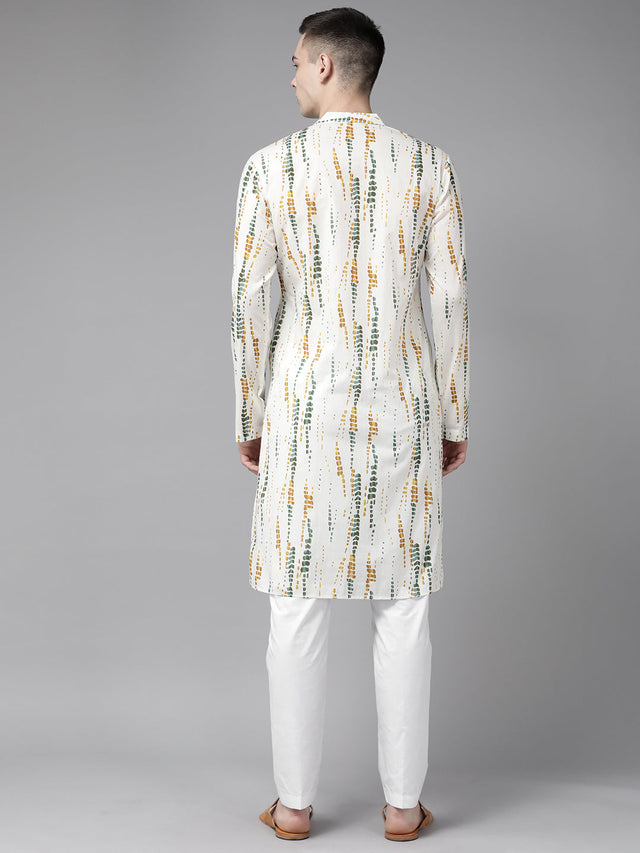 Buy Men's White Cotton Tie And Dye Print Straight Kurta Online - Side