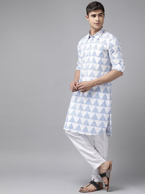 Buy Men's White Pure Cotton Chevron Printed Pathani Set Online - Front
