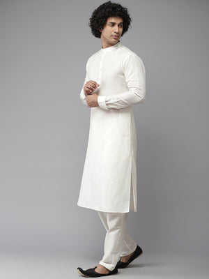 Buy Men's Off-White Silk Jacquard Woven Design Kurta Pajama Jacket Set Online - Back