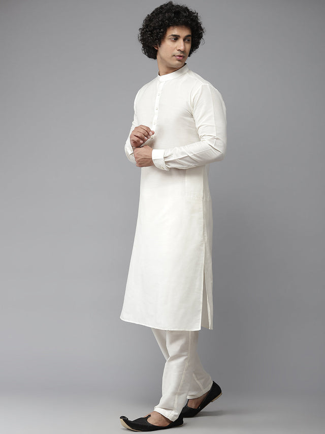 Buy Men's Off-White Silk Jacquard Woven Design Kurta Pajama Jacket Set Online - Back