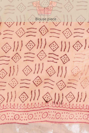 Buy Linen Block Printed Saree in Peach Online - Zoom Out