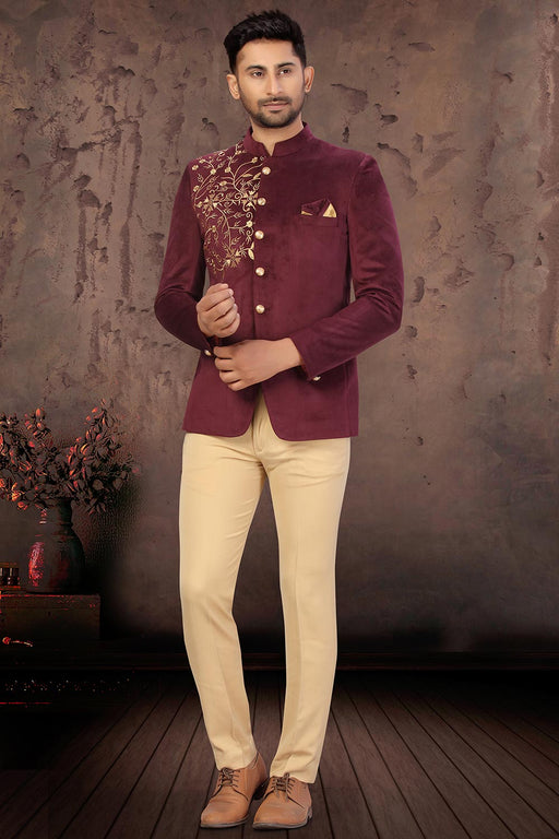 Golden Jacquard Jodhpuri Suit 254882