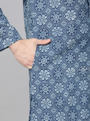 Buy Men's Blue Cotton Tie-And-Dye Block Prints Kurta Pajama Set Online - Zoom Out