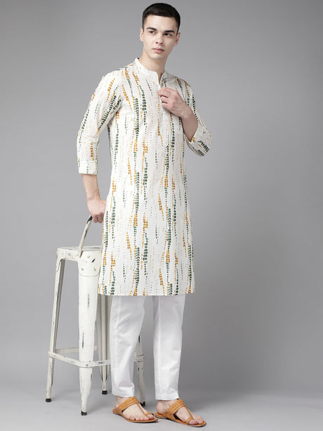 Buy Men's White Pure Cotton Tie And Dye Print Kurta Pajama Set Online