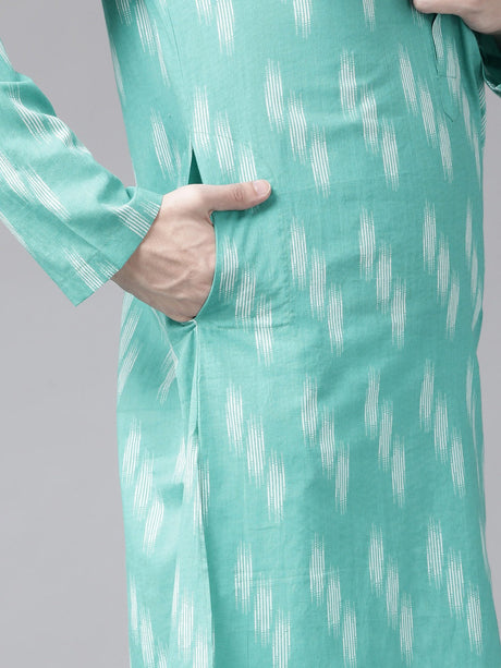 Buy Men's Turquoise Blue Cotton Ikat Printed Straight Kurta Online - Side