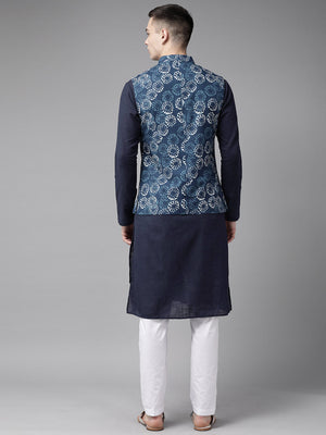 Buy Men's Navy Pure Cotton Printed Kurta Pajama Jacket Set Online - Side