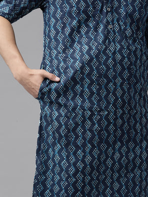 Buy Men's Indigo Pure Cotton Printed Pathani Set Online - Zoom In