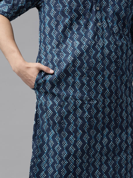 Buy Men's Indigo Pure Cotton Printed Pathani Set Online - Zoom In
