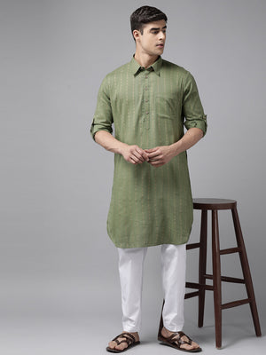 Buy Men's Olive Pure Cotton Printed Pathani Set Online