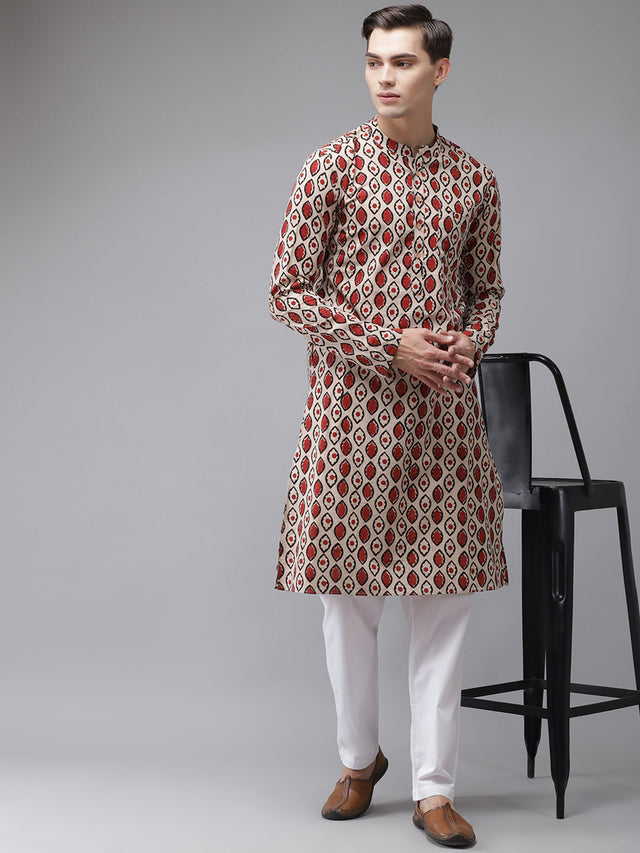 Buy Men's Beige Cotton Hand Block Printed Kurta Pajama Set Online