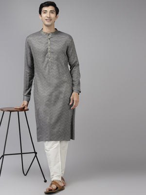 Buy Men's Grey Cotton Woven Thread Work Straight Kurta Online