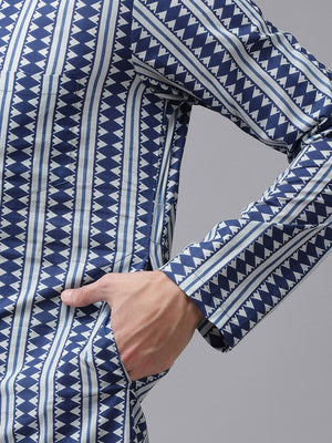Buy Men's Blue Cotton Printed Kurta Pajama Set Online - Zoom In