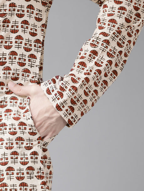 Buy Men's Beige Cotton Printed Kurta Pajama Set Online - Zoom In