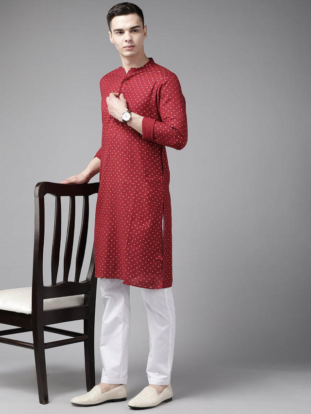Buy Men's Maroon Cotton Printed Straight Kurta Online - Back