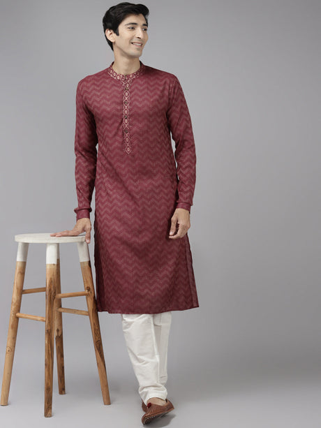 Buy Men's Burgundy Cotton Woven Thread Work Straight Kurta Online